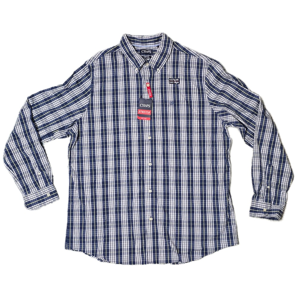 Chaps Mens Blue Plaid Stretch Easy Care Button Down Shirt Size XXL‎ (AB)